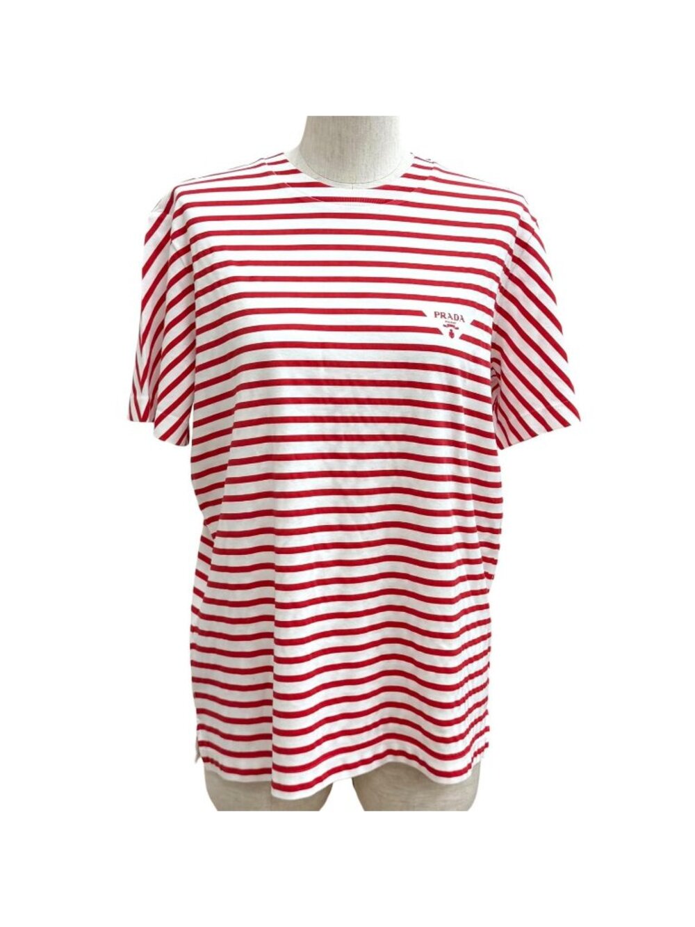 Prada Cotton 100% Logo Border Crew Neck Short Sleeve T-Shirt White Red